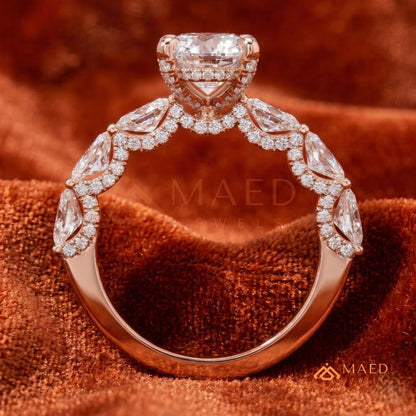 Oval Cut Engagement Ring with Large Round Accent Band | 14K Gold & Silver Shared Prong