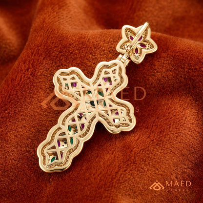 Iced Out Baroque Cross Statement Pendant with Pink & Green Stones