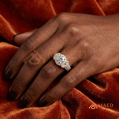 Radiant Halo Engagement Ring with Marquise Side Stones & Pavé Band