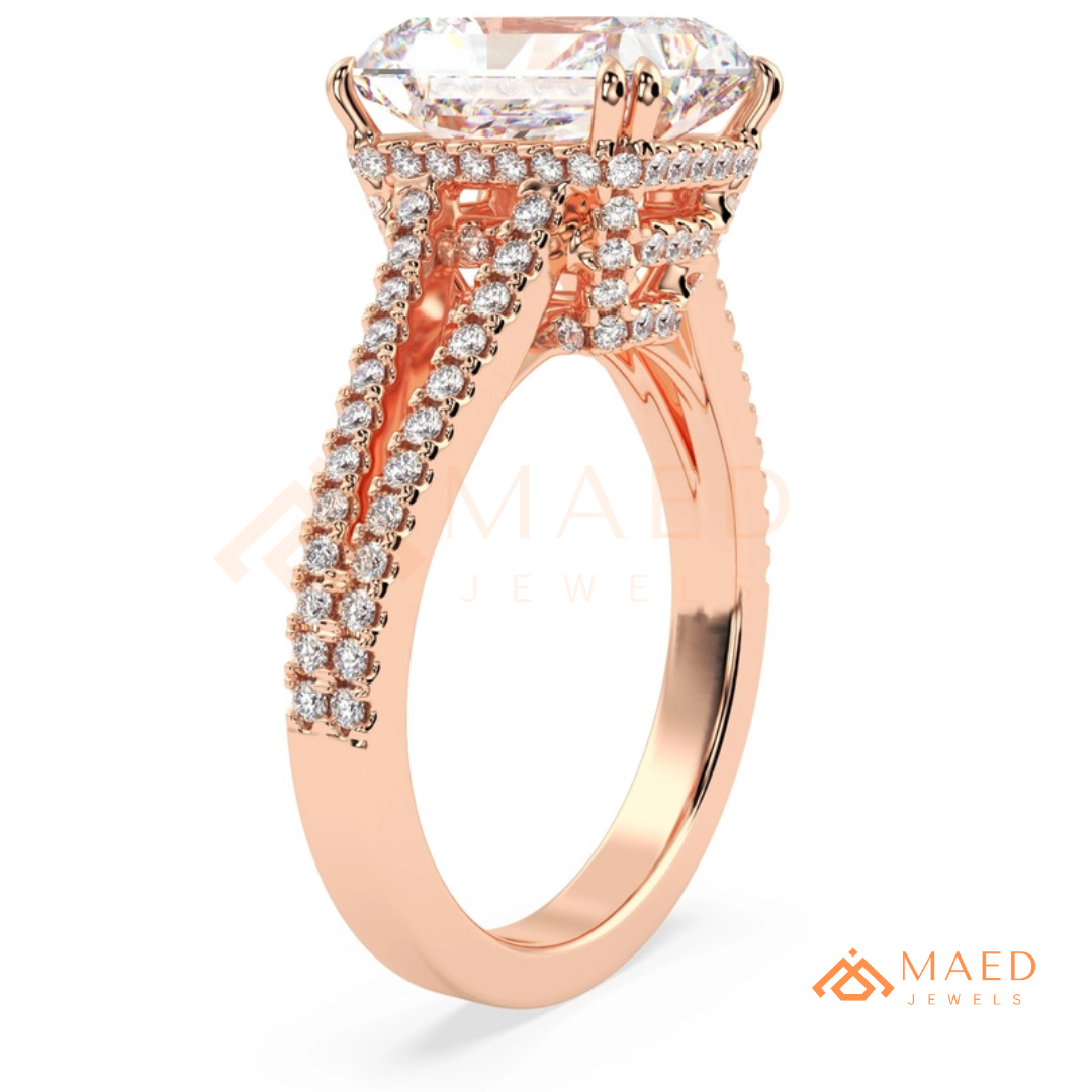 Radiant Cut Engagement Ring with Split Shank Pavé Band in Silver, 14K Gold, & 14K Rose Gold