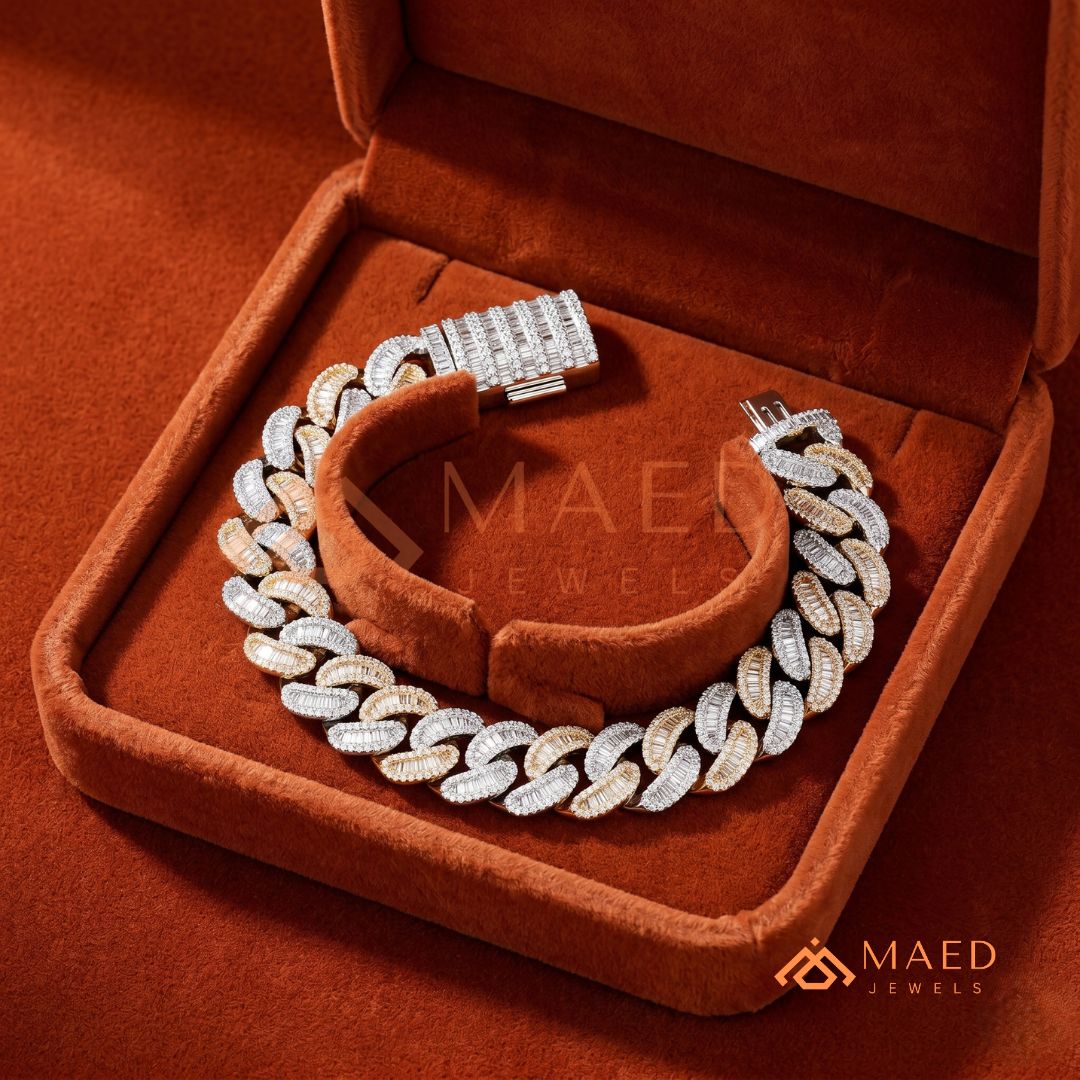 Iced Baguette Cuban Link Bracelet – 925 Silver, Gold & Rose Gold