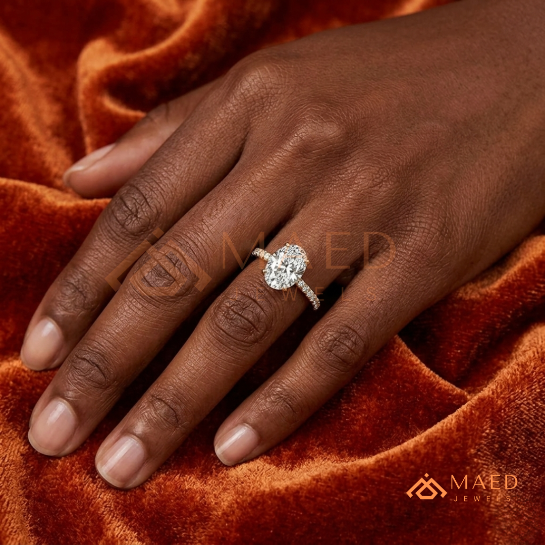 Oval Cut Moissanite Engagement Ring in 14K Gold, Rose Gold & Sterling Silver | Pave Diamond Simulant Wedding Band