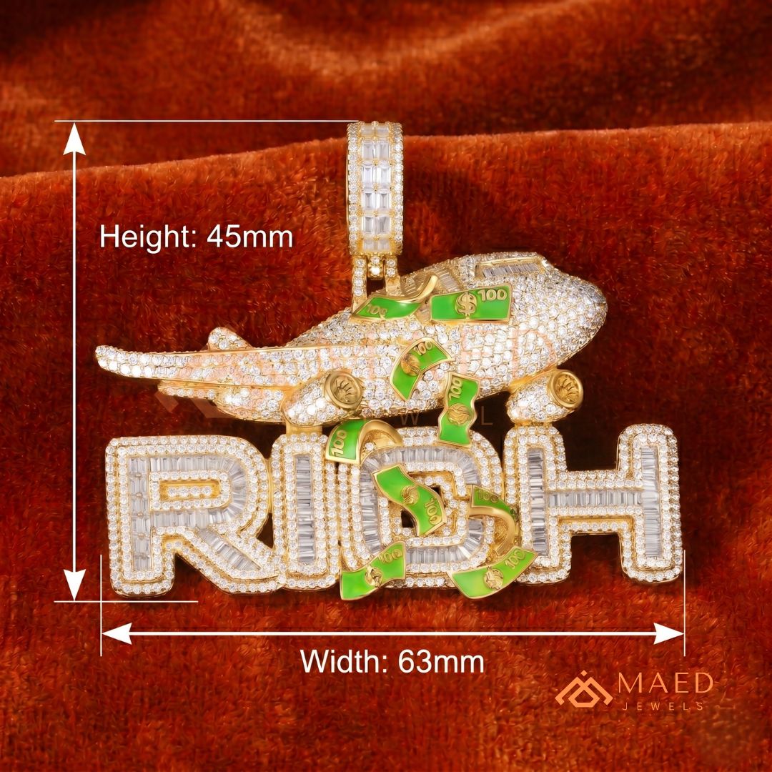 "RICH" Jet & Money Statement Pendant – Iced Out Luxury Medallion