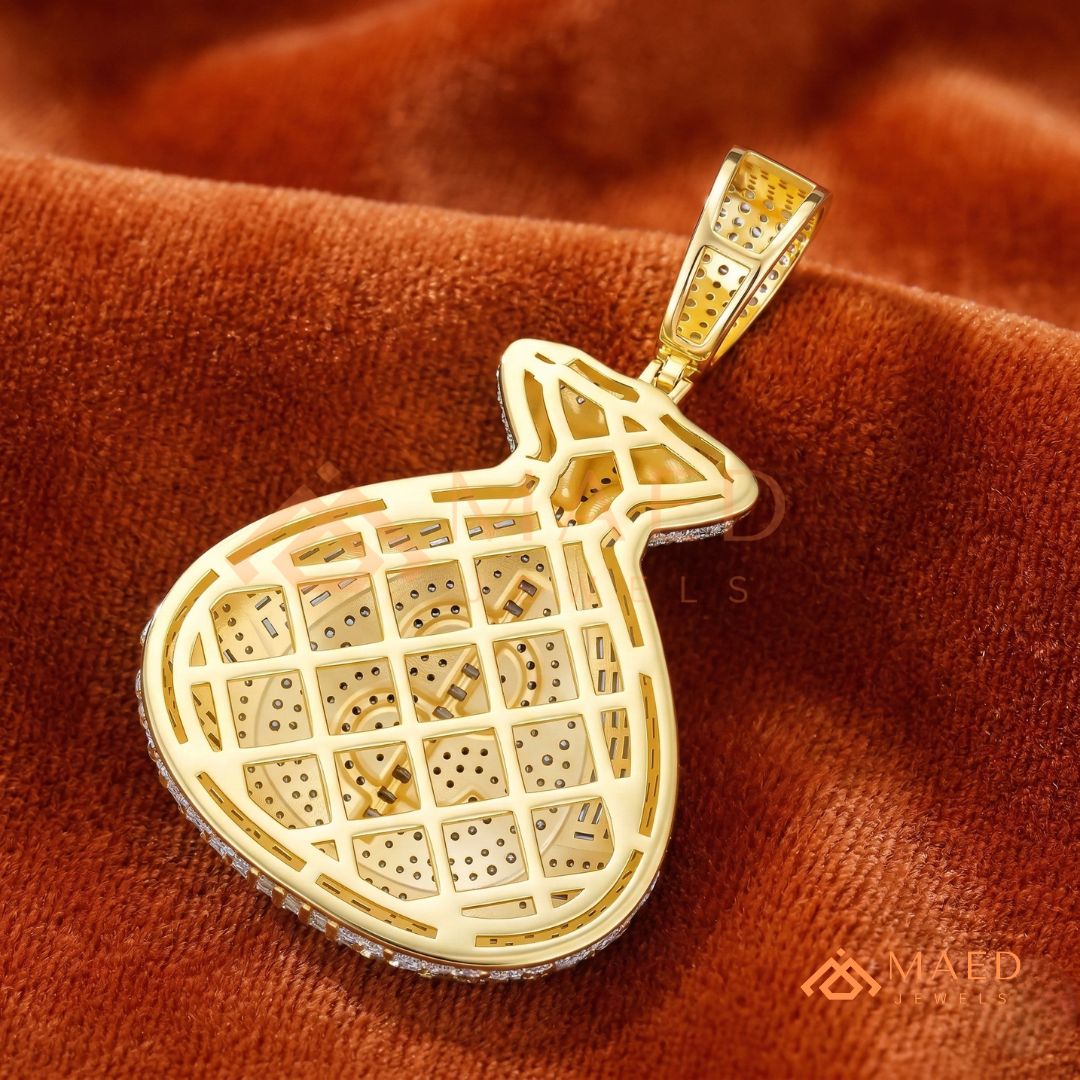 Fully Iced Out Money Bag Pendant – Baguette & Micro Pave Hip Hop Necklace