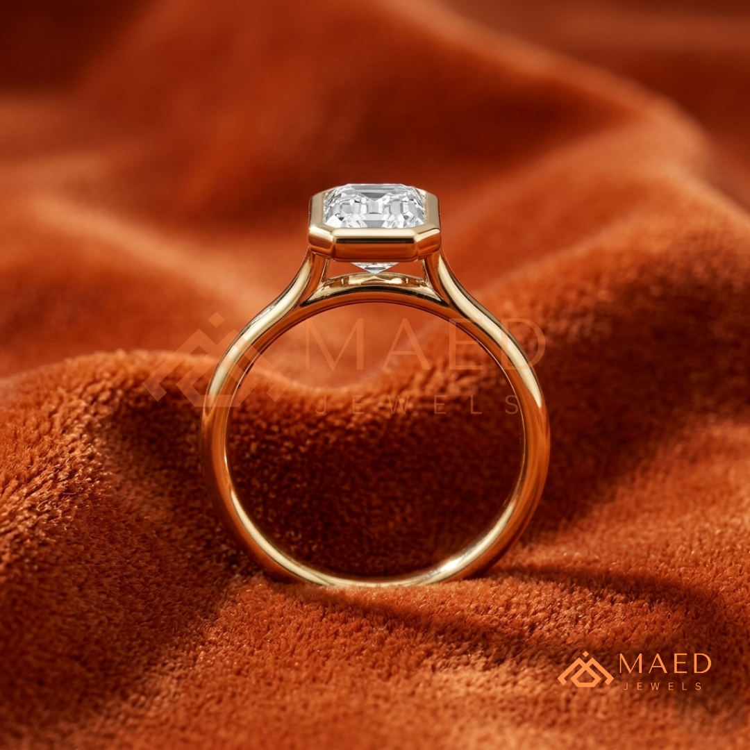 Modern Emerald Cut Solitaire Bezel Engagement Ring in Silver, 14K Gold & Rose Gold