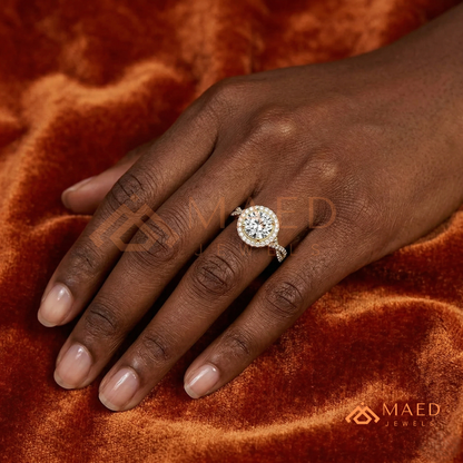 Round Halo Engagement Ring with Twisted Pavé Band – Sterling Silver, 14K Gold, or 14K Rose Gold