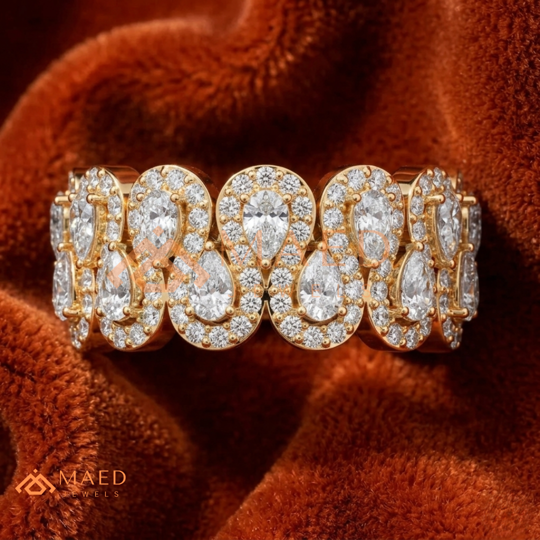 Pear-Cut Diamond Halo Eternity Band in 14K White Gold | Wide Statement Ring