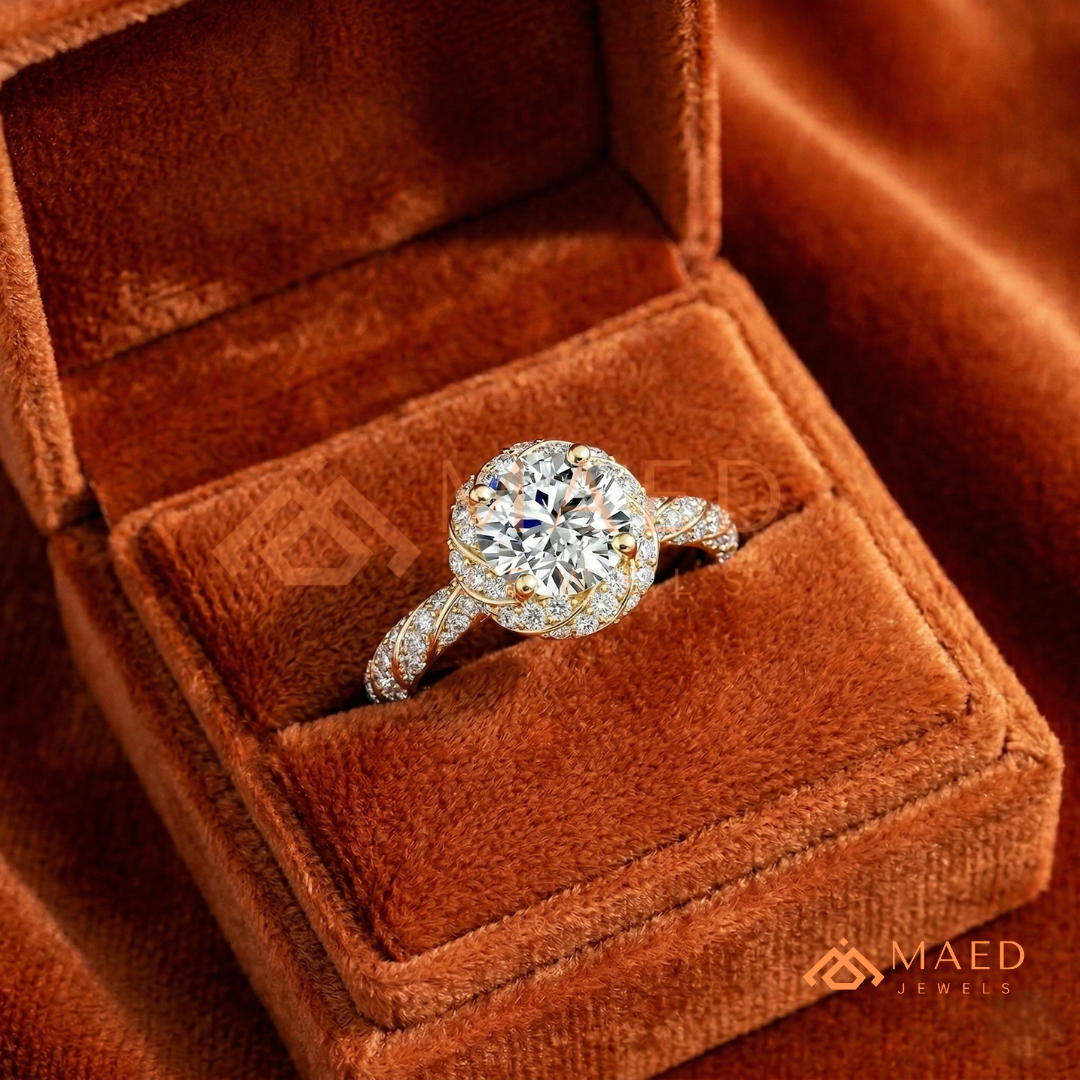 ound Cut Halo Twisted Band Promise Ring (Silver, 14K Yellow/Rose Gold)