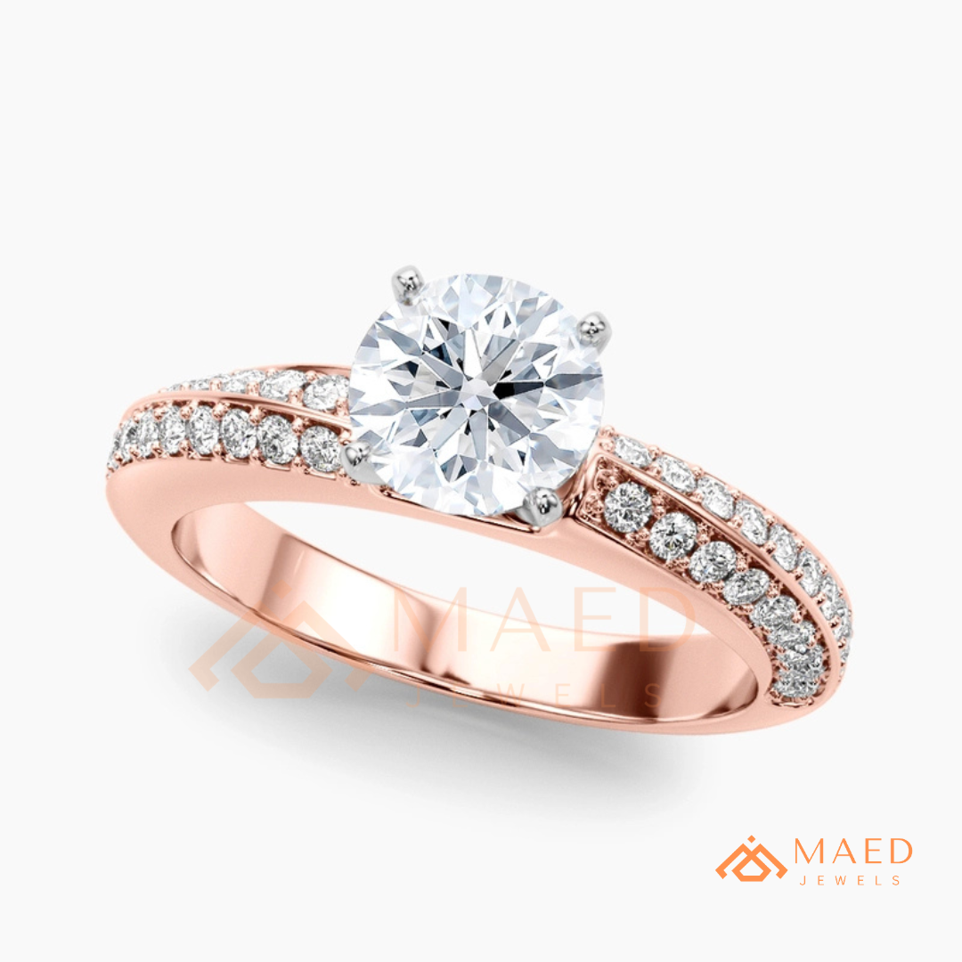 Round Brilliant Cut Ring with Double Row Pavé Band | 14k Gold, Rose Gold & Silver