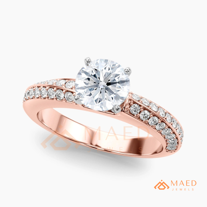 Round Brilliant Cut Ring with Double Row Pavé Band | 14k Gold, Rose Gold & Silver