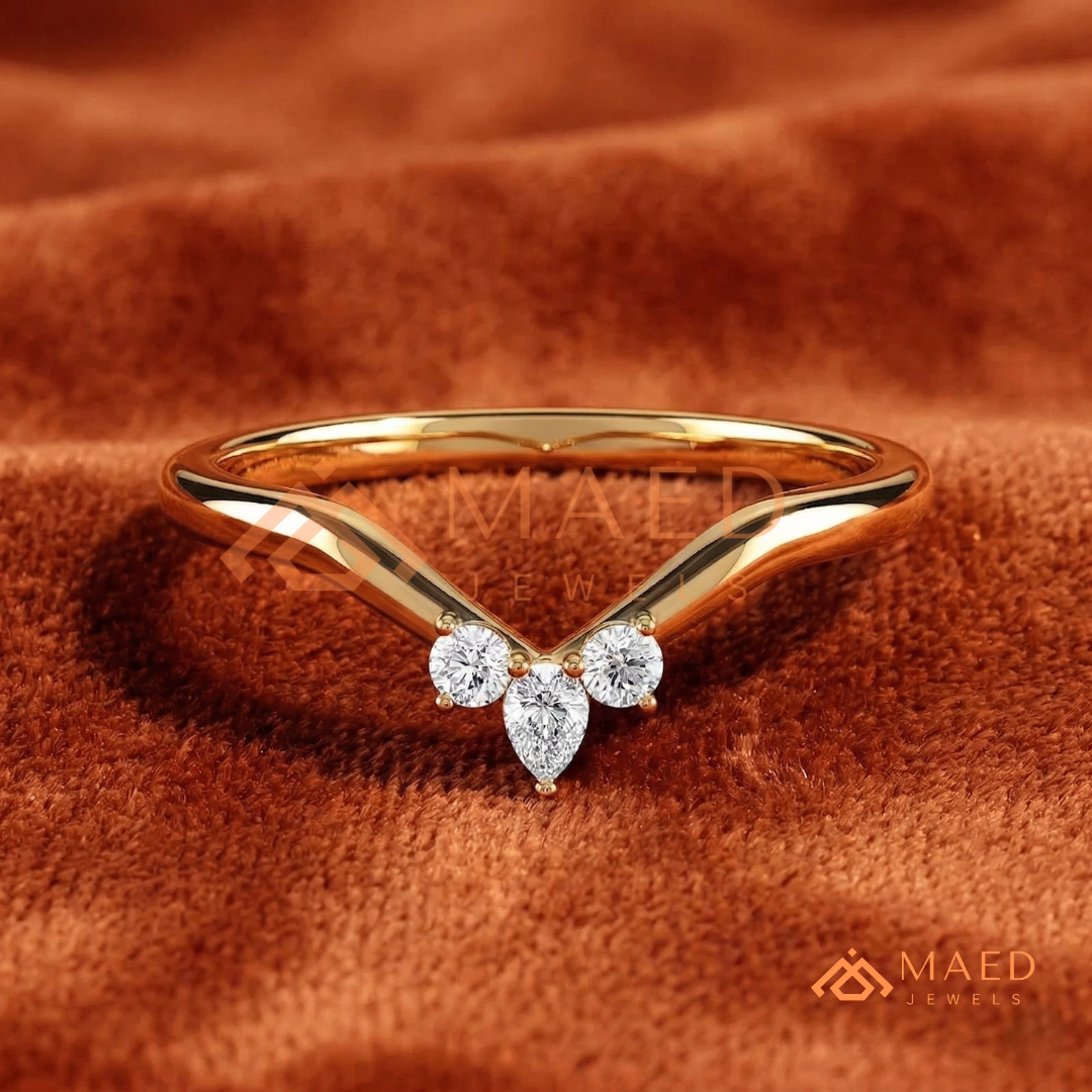 Pear Cut Cluster Chevron Wedding Band | V-Shaped Wishbone Tiara Ring in Silver, 14K Gold, & Rose Gold