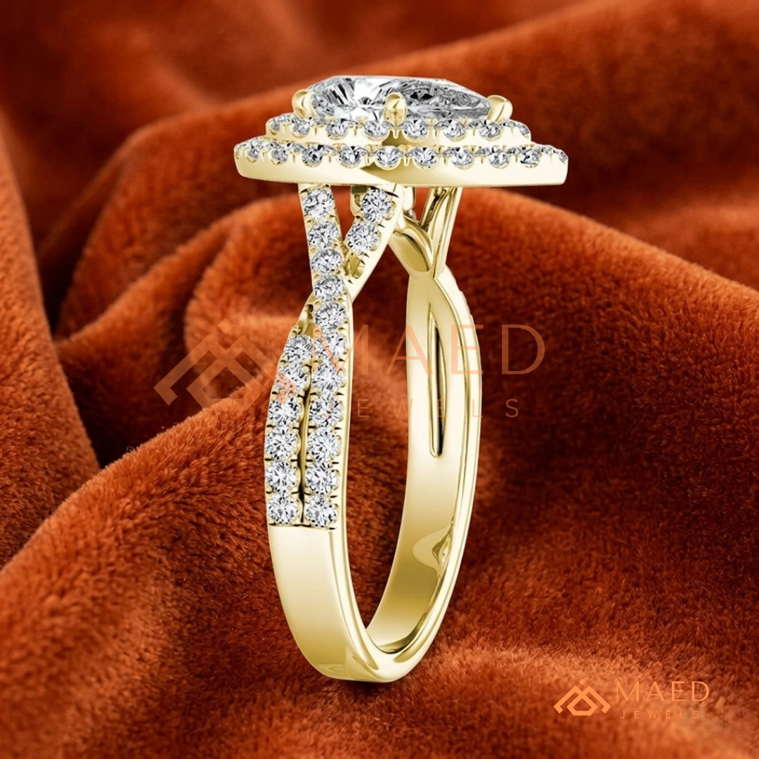 Pear Cut Halo Engagement Ring with Twisted Pavé Band – Sterling Silver, 14K Gold, or 14K Rose Gold