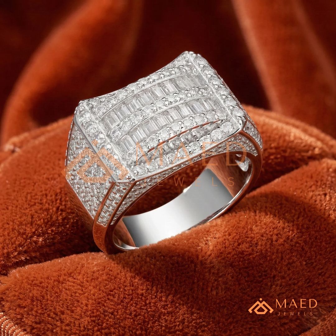 Men's Concave Baguette & Pave Statement Ring | Silver, 14K Gold & Rose Gold