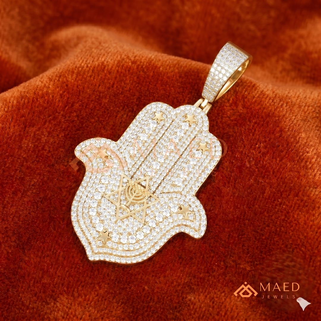 Iced Out Hamsa Hand Pendant Necklace | Sterling Silver, 14K Gold & Rose Gold