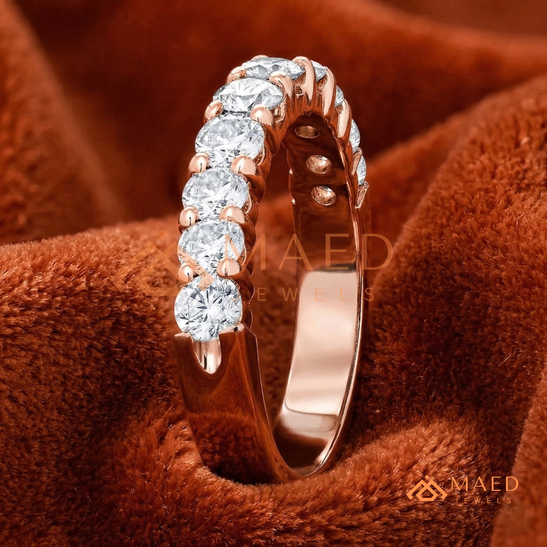 5-Stone Mixed Cut Diamond Wedding Band | East-West Emerald & Round Cut Ring in Silver, 14K Gold, & Rose Gold