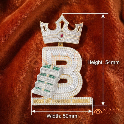 Custom Crown Initial "B" Money Stack Pendant in Sterling Silver & 14K Gold