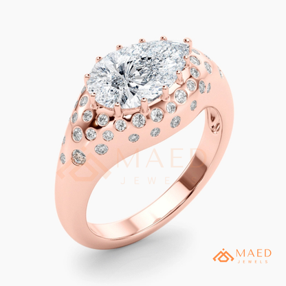 East-West Pear Cut Engagement Ring | Flush Setting Pave Dome Band in 14K Gold, Rose Gold & Silver