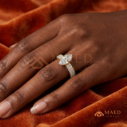 Marquise Cut Solitaire Pave Engagement Ring - Sterling Silver, 14K Gold, or 14K Rose Gold