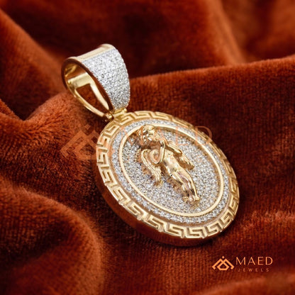 925 Sterling Silver Micro Pave Angel Medallion Pendant with Greek Key Border