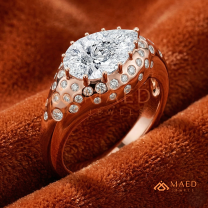 East-West Pear Cut Engagement Ring | Flush Setting Pave Dome Band in 14K Gold, Rose Gold & Silver