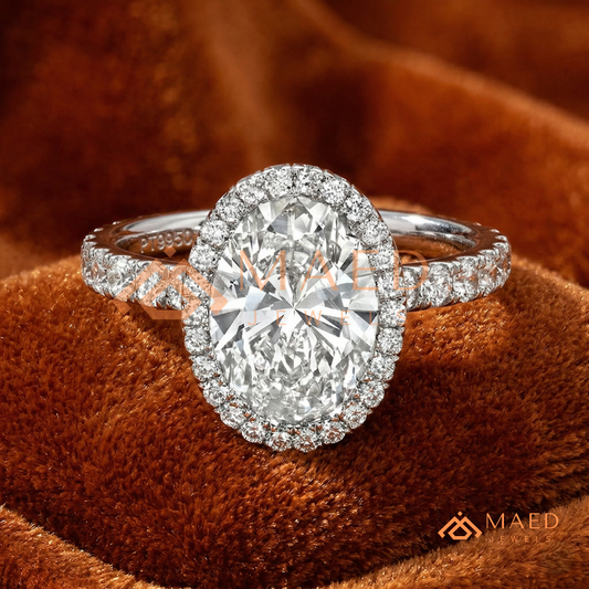 Oval Cut Halo Engagement Ring with Pavé Band in Silver, 14K Gold, & 14K Rose Gold