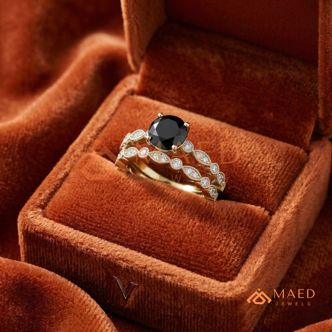 Maeve Round Cut Black Diamond Vintage Style Wedding Ring Set – Silver, 14K Yellow & Rose Gold