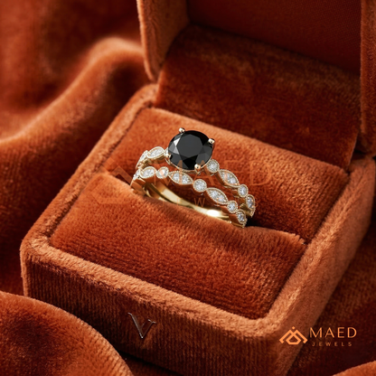 Maeve Round Cut Black Diamond Vintage Style Wedding Ring Set – Silver, 14K Yellow & Rose Gold