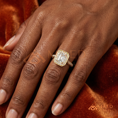 Art Deco Emerald Cut [Gemstone Type] Bezel Halo Ring in 14K Yellow Gold, Rose Gold & Silver