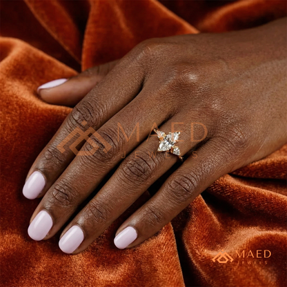 Marquise Cut Three Stone Ring with Kite Side Diamonds | 14k Gold, Rose Gold & Silver
