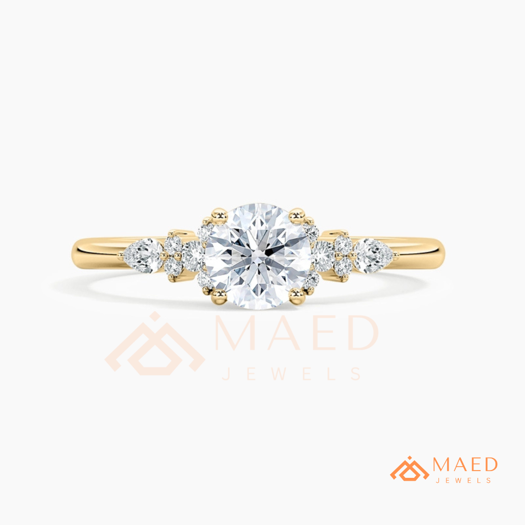 Round Cut Cluster Engagement Ring in 14K Gold, Rose Gold & Silver | Vintage Pear Accent Moissanite Ring for Women