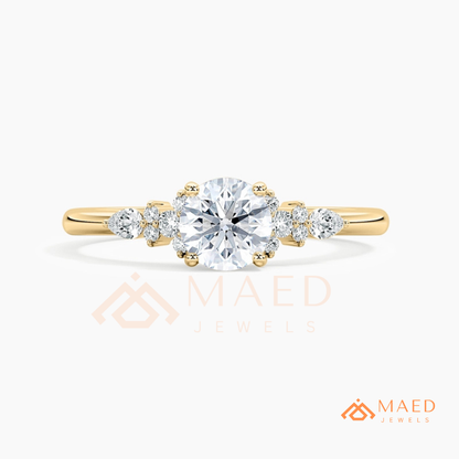 Round Cut Cluster Engagement Ring in 14K Gold, Rose Gold & Silver | Vintage Pear Accent Moissanite Ring for Women