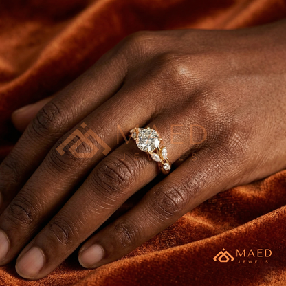 Nature Inspired Round Cut Moissanite Engagement Ring, Marquise Diamond Vine Leaf Wedding Ring in Silver, 14K Gold & Rose Gold