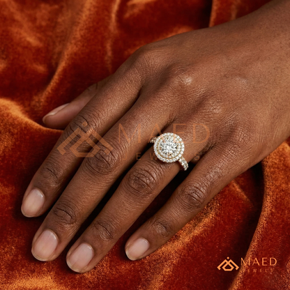 Double Halo Round Brilliant Engagement Ring with Pavé Band – Sterling Silver, 14K Gold, or 14K Rose Gold
