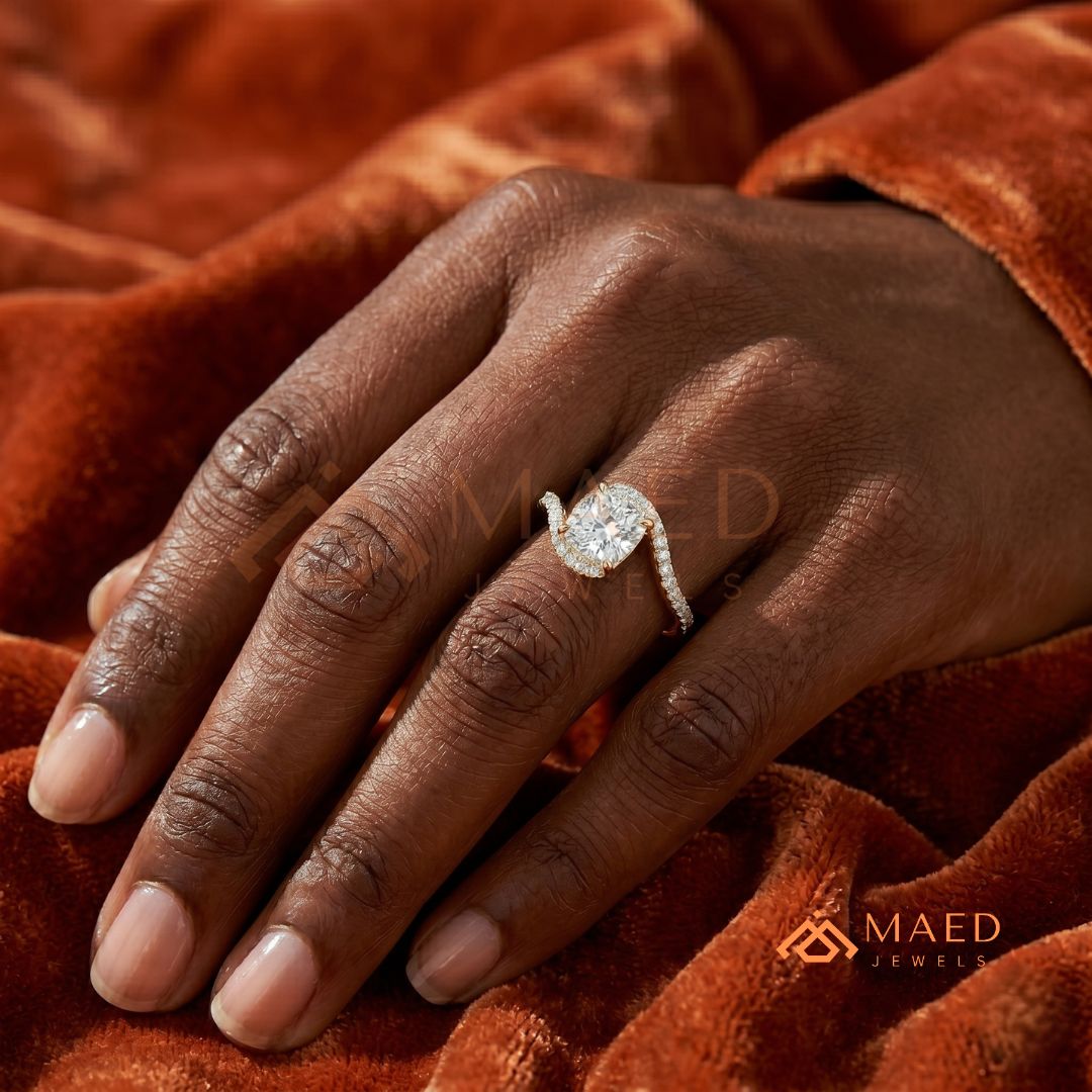 Cushion Cut Moissanite Bypass Halo Engagement Ring in Sterling Silver, 14K White Gold & Rose Gold | Criss Cross Diamond Simulant Wedding Ring