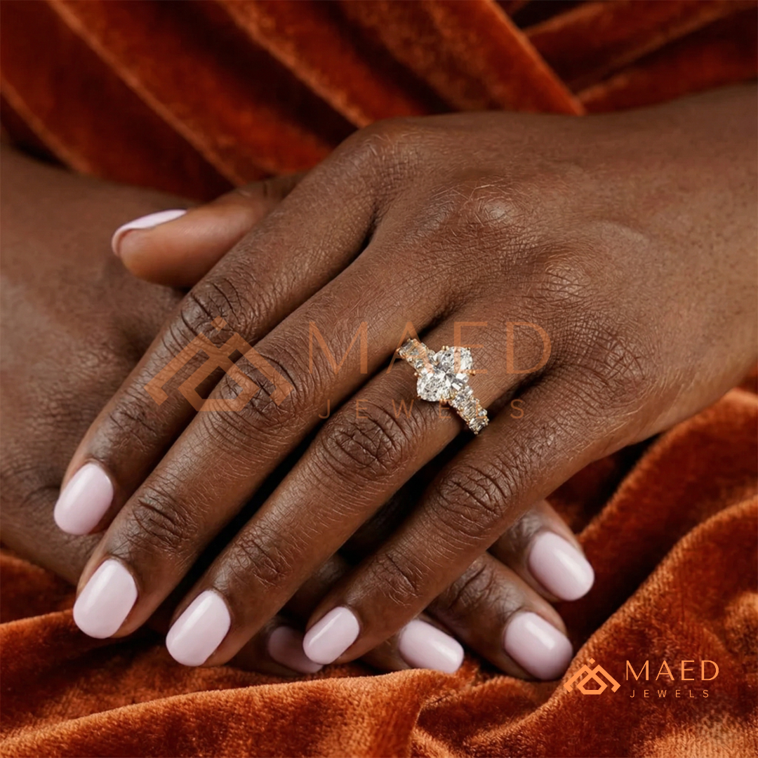 Elongated Oval Cut Engagement Ring with Oval Accent Band | 14k Gold, Rose Gold & Silver