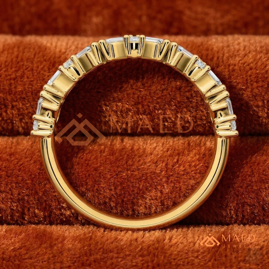 Angled Baguette & Round Cut Chevron Wedding Band | Crown Moissanite Tiara Ring in Silver, 14K Gold, & Rose Gold