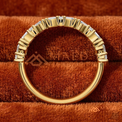 Angled Baguette & Round Cut Chevron Wedding Band | Crown Moissanite Tiara Ring in Silver, 14K Gold, & Rose Gold