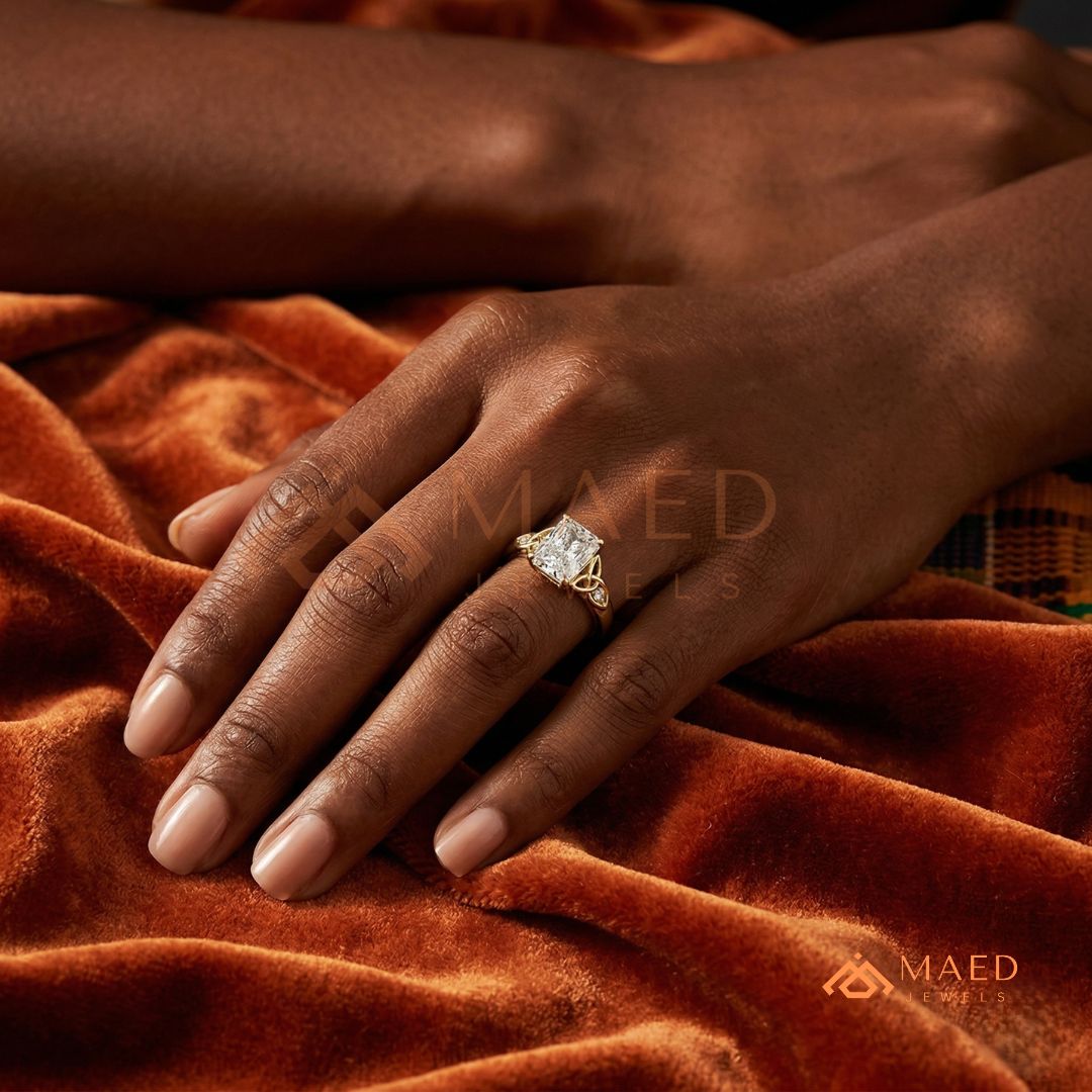 Radiant Cut 3-Stone Engagement Ring with Pear Side Gems & Pavé Band