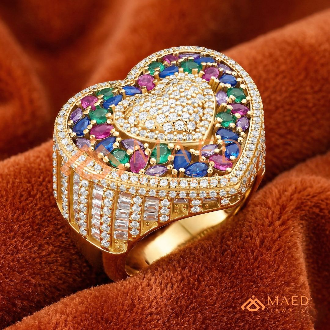 Luxury Multi-Color Iced Heart Statement Ring – 925 Silver, 14K Gold & Rose Gold