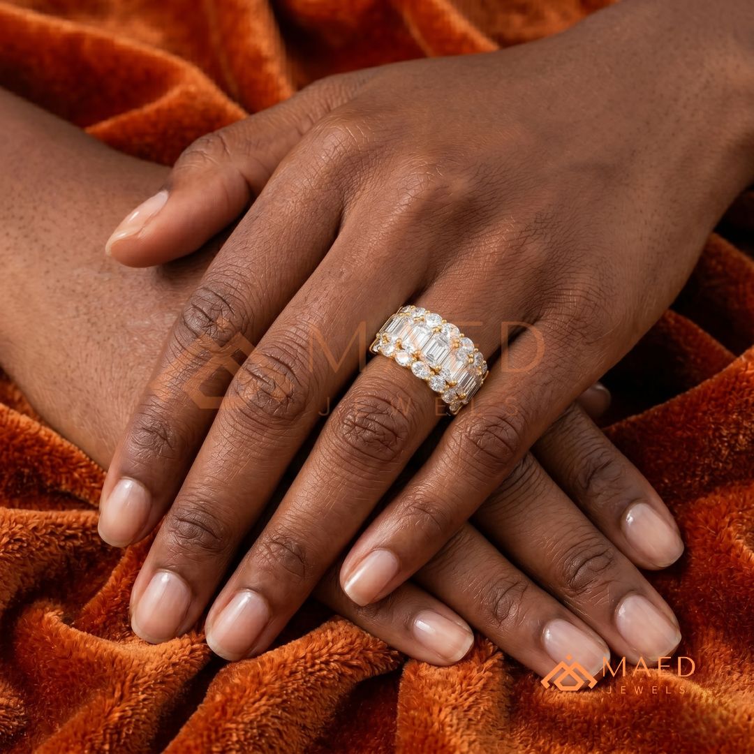 The Empress Triple-Row Ring | Vertical Emerald & Oval Cut Cocktail Band