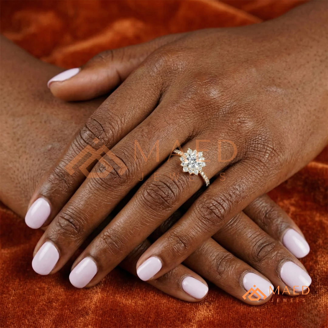 Vintage Starburst Halo Round Cut Engagement Ring with Pave Band in Silver, 14K Gold & Rose Gold