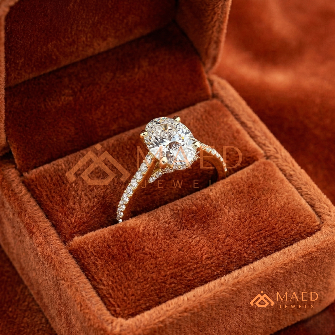 Oval Cut Engagement Ring with Pavé Diamond Band in 14K Gold, Rose Gold & Silver