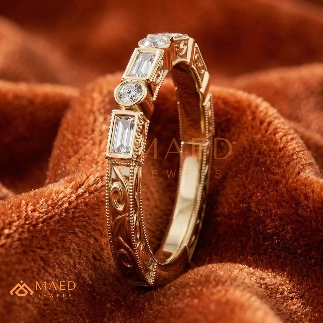 Vintage Alternating Baguette and Round Cut Diamond Wedding Band in Sterling Silver & 14K Gold