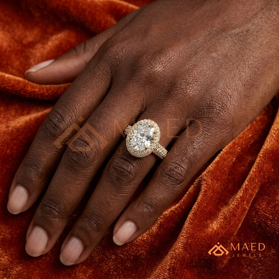 Radiant Oval Double Halo Engagement Ring with Multi-Row Pavé Band