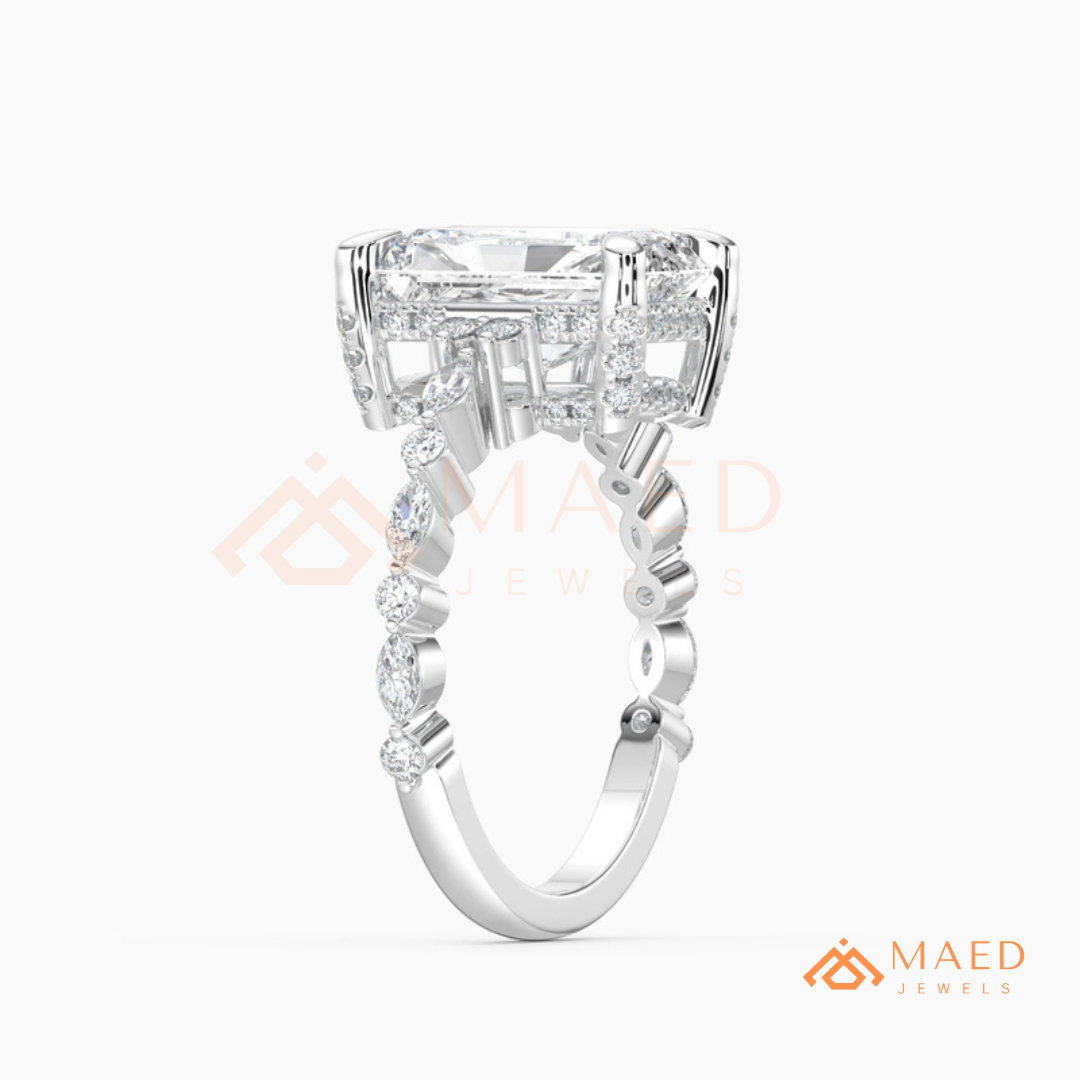 Radiant Cut Engagement Ring | Marquise & Round Cluster Band in 14K Gold, Rose Gold & Sterling Silver