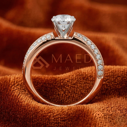 Round Brilliant Cut Ring with Double Row Pavé Band | 14k Gold, Rose Gold & Silver