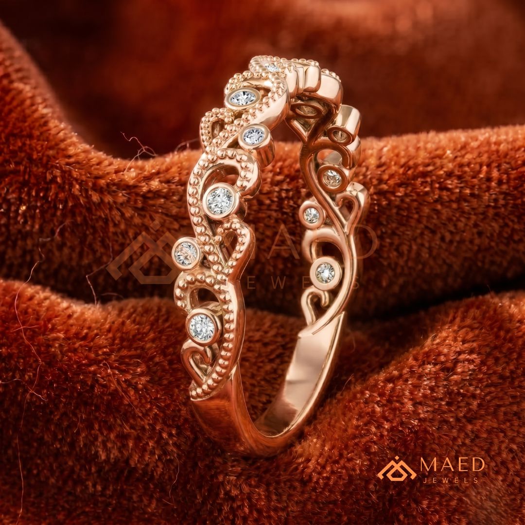 Vintage Filigree Milgrain Wedding Band in Silver, 14K Yellow & Rose Gold