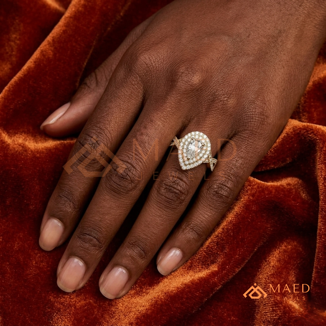 Double Halo Pear Cut Engagement Ring with Twisted Pave Band