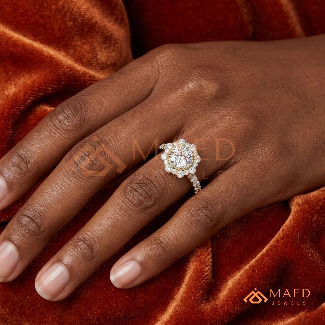 Floral Halo Engagement Ring – Round Brilliant Cut Diamond Ring
