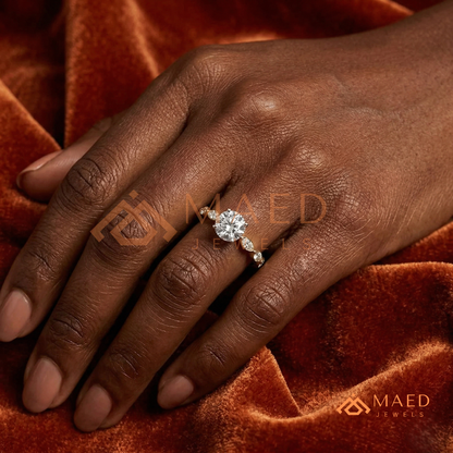 Round Cut Engagement Ring with Marquise Accent Cluster Band in 14K Gold, Rose Gold & Silver